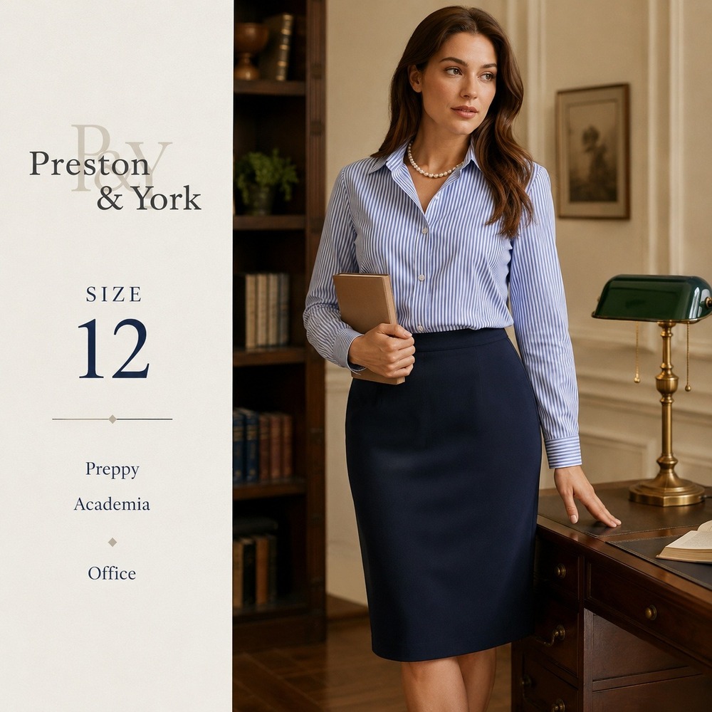 Preston & York Pencil Skirt Womens 12 Navy Blue Vintage Career Preppy Academia